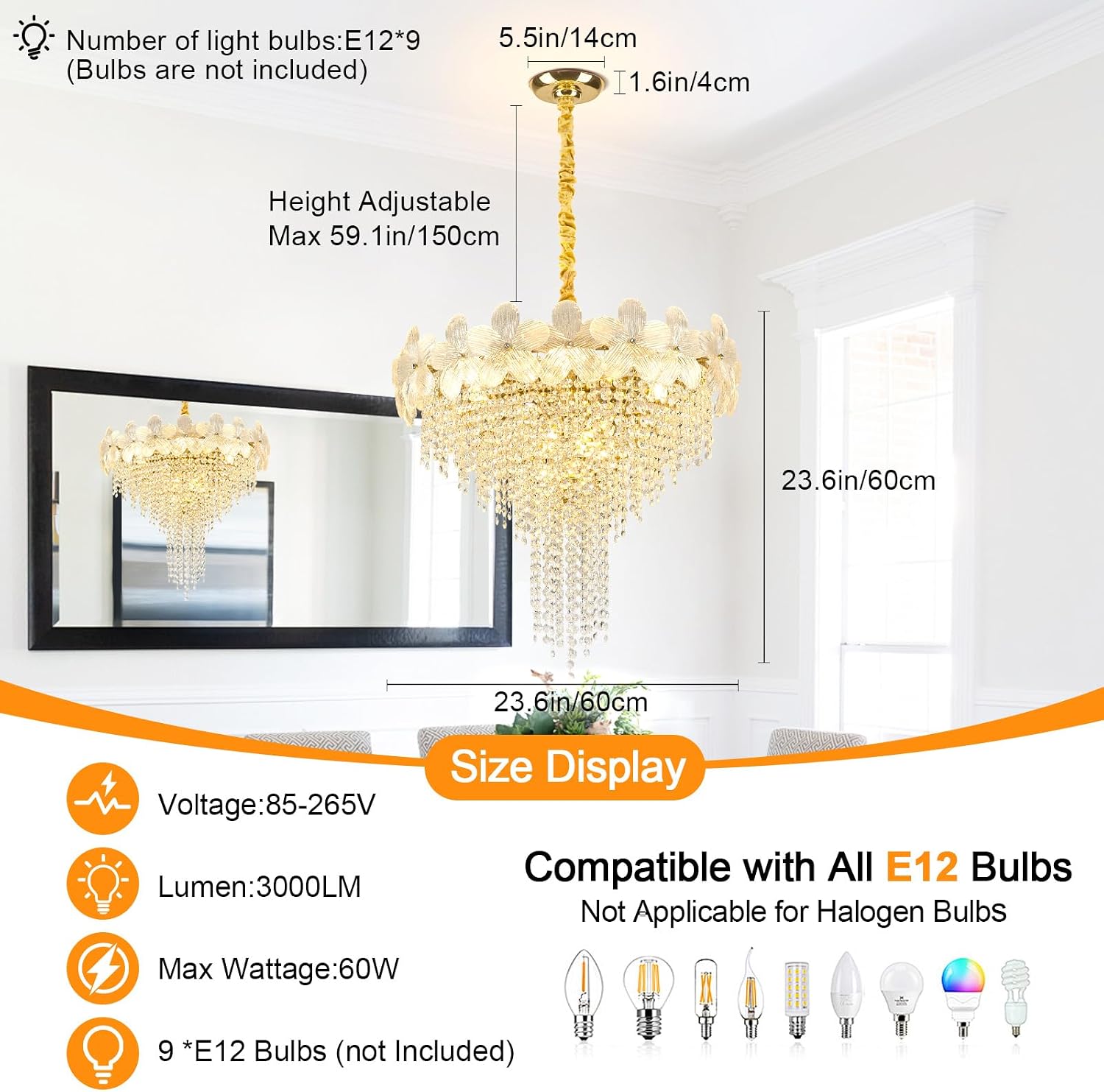 Gold Floral Crystal Chandelier 23.6" 9-Light Pendant Fixture