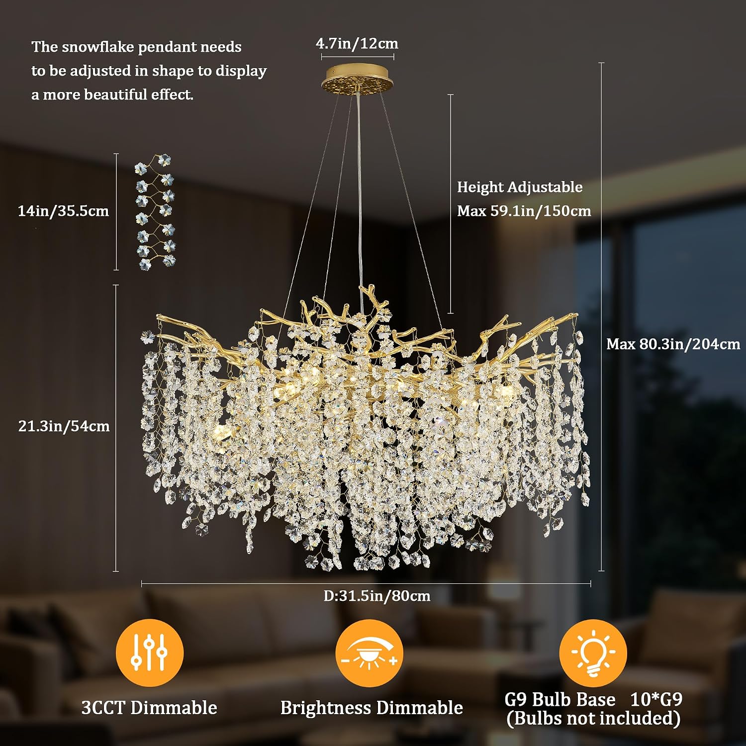 Gold Crystal Branch Chandelier 31.5" 10-Light Ceiling Light