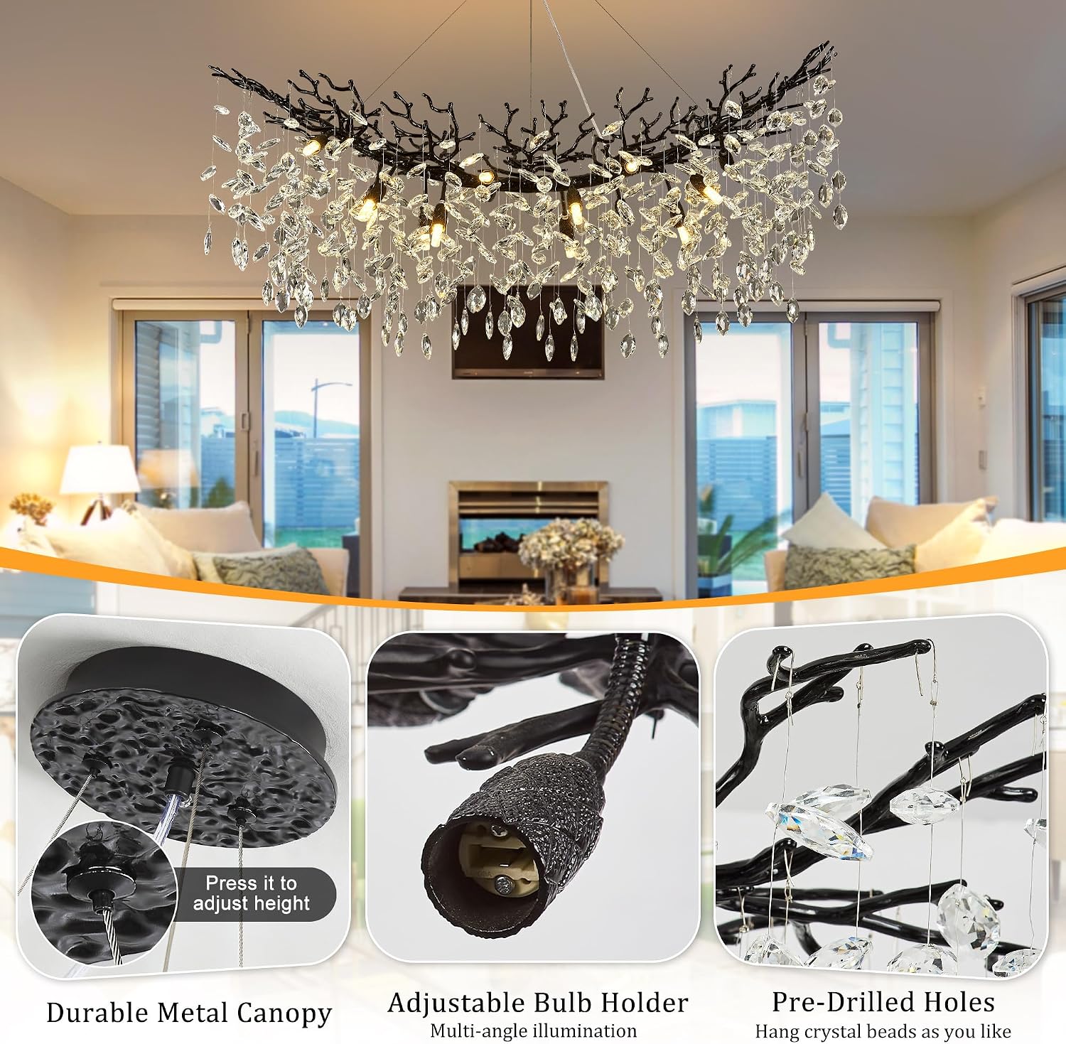 Black Crystal Branch Chandelier 47.2" 14-Light Linear Pendant