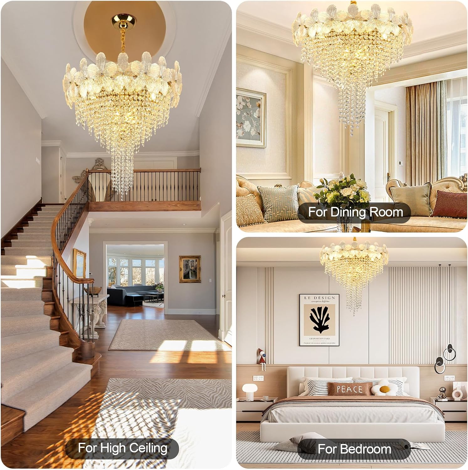 Gold Floral Crystal Chandelier 23.6" 9-Light Pendant Fixture
