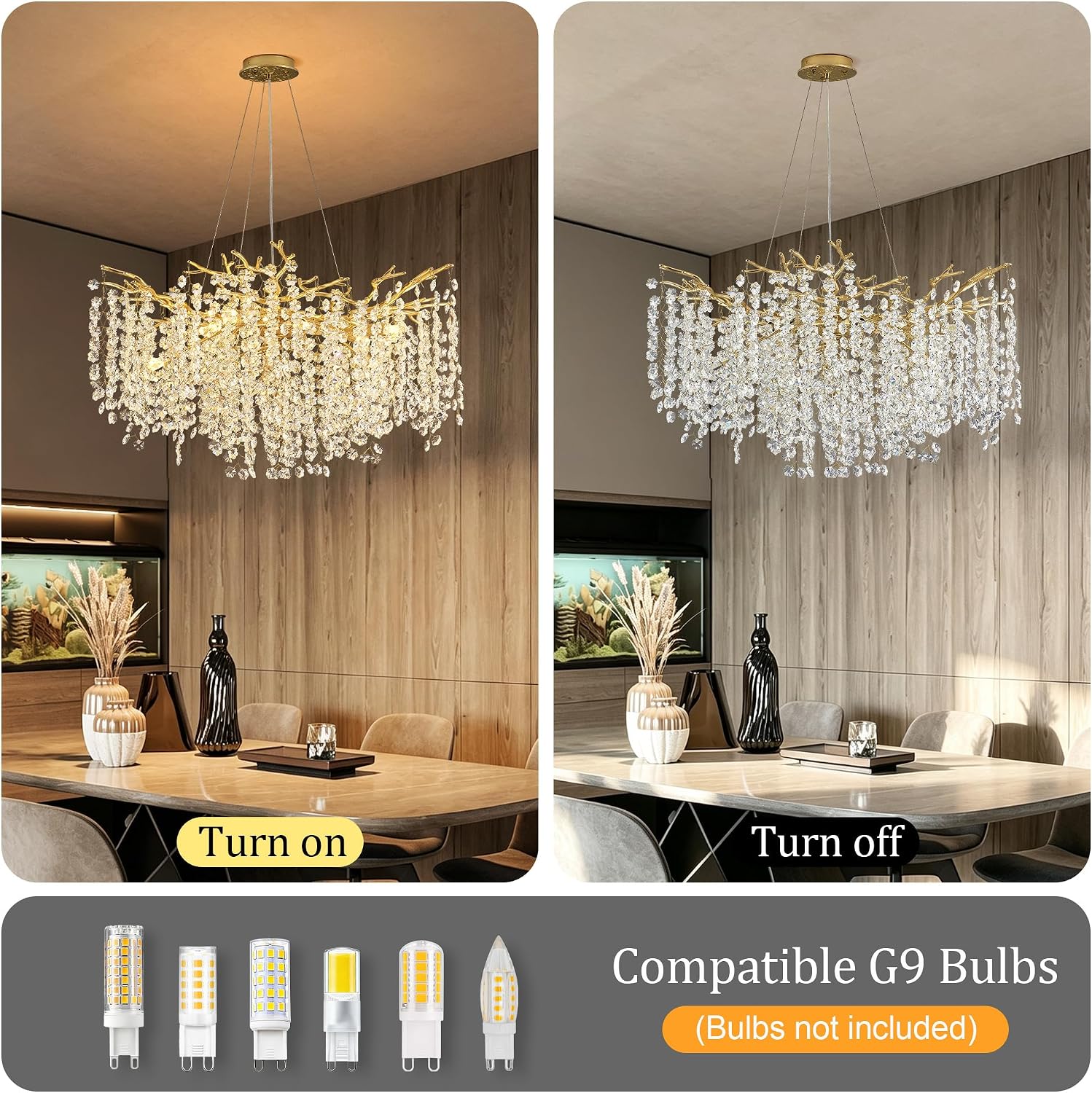 Gold Crystal Branch Chandelier 31.5" 10-Light Ceiling Light