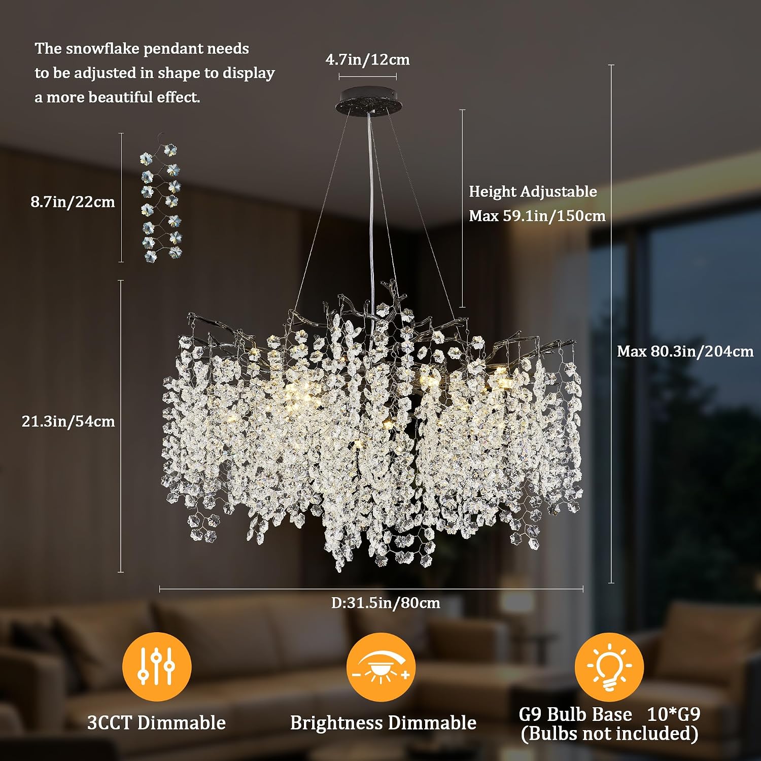 Black Crystal Branch Chandelier 31.5" 10-Light Ceiling Light