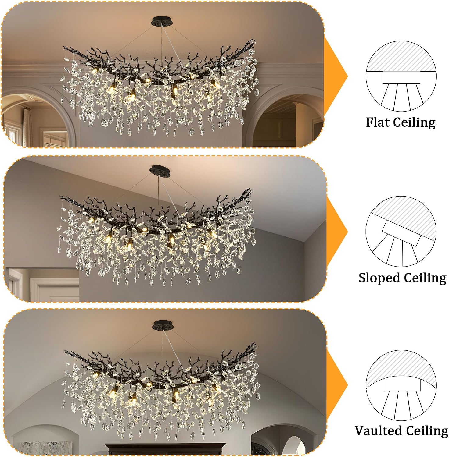 Black Crystal Branch Chandelier 47.2" 14-Light Linear Pendant