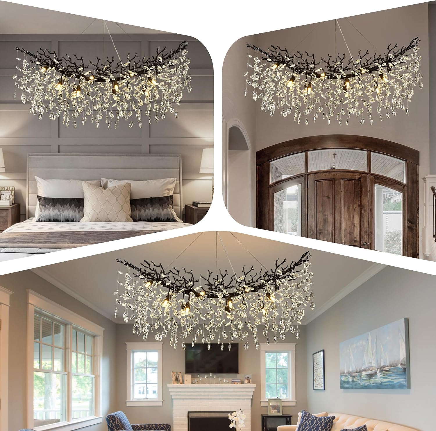 Black Crystal Branch Chandelier 47.2" 14-Light Linear Pendant