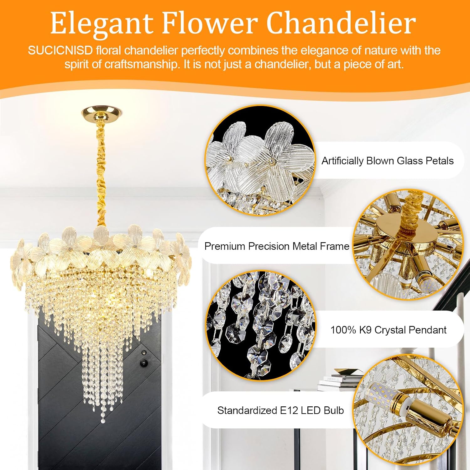 Gold Floral Crystal Chandelier 23.6" 9-Light Pendant Fixture