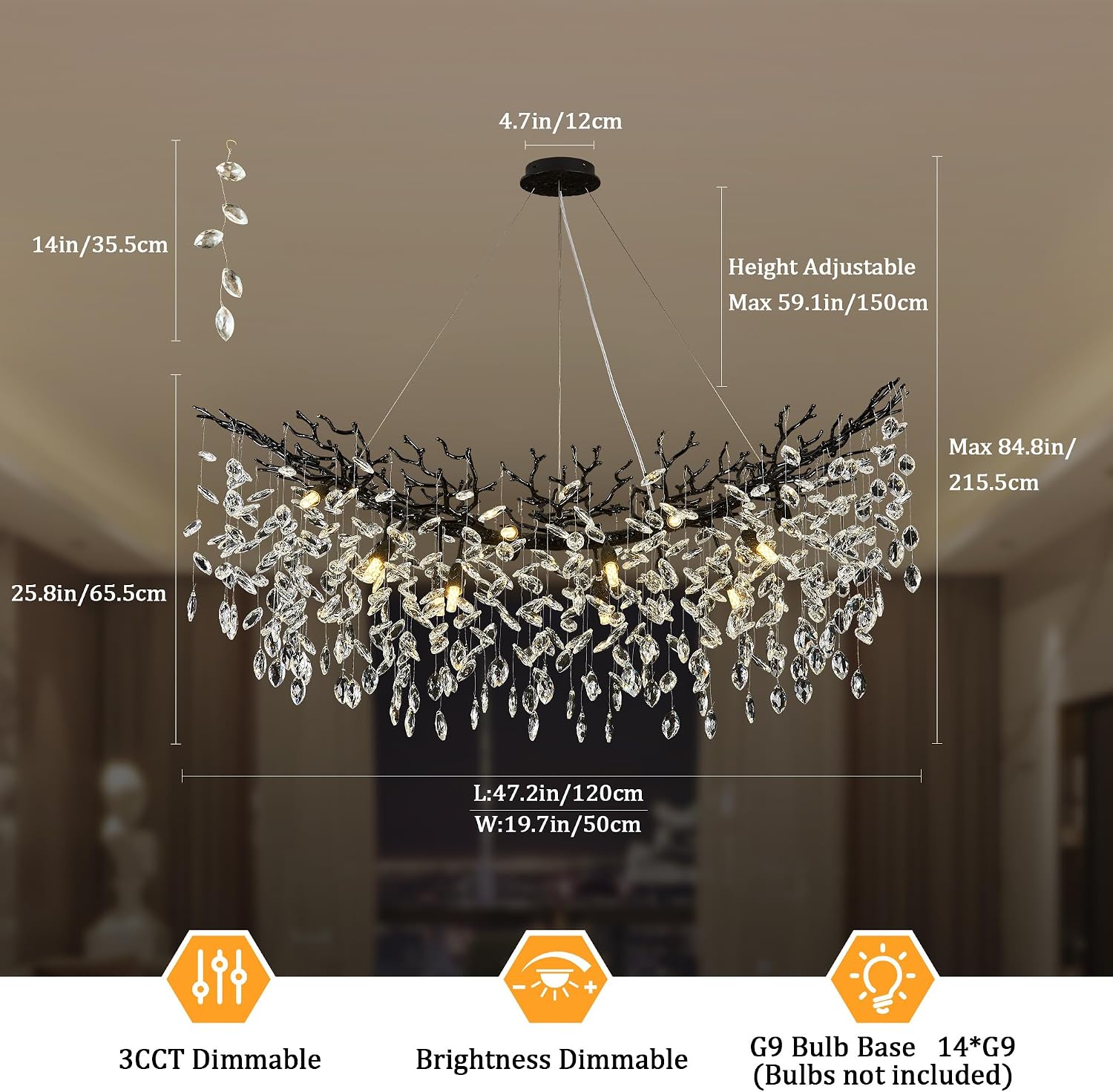 Black Crystal Branch Chandelier 47.2" 14-Light Linear Pendant
