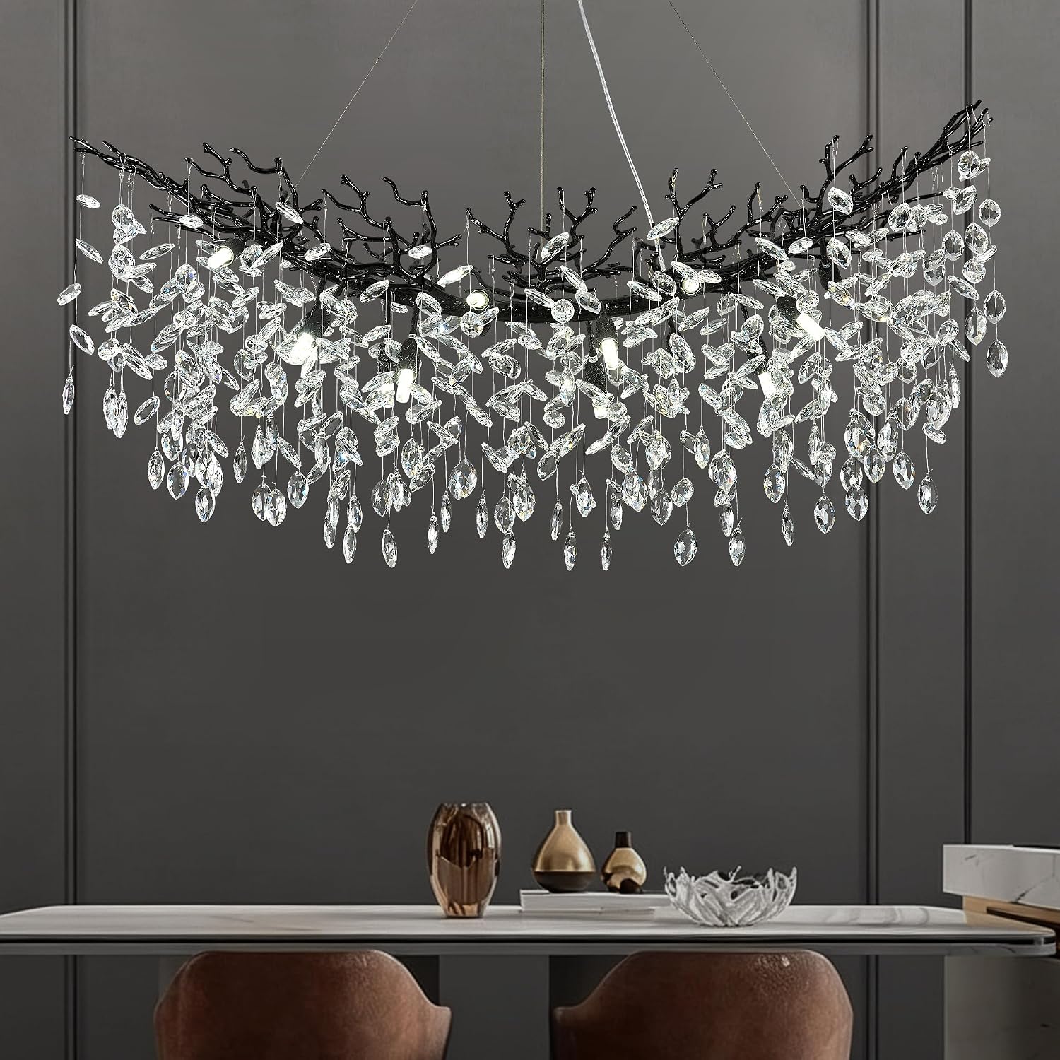 Black Crystal Branch Chandelier 47.2" 14-Light Linear Pendant