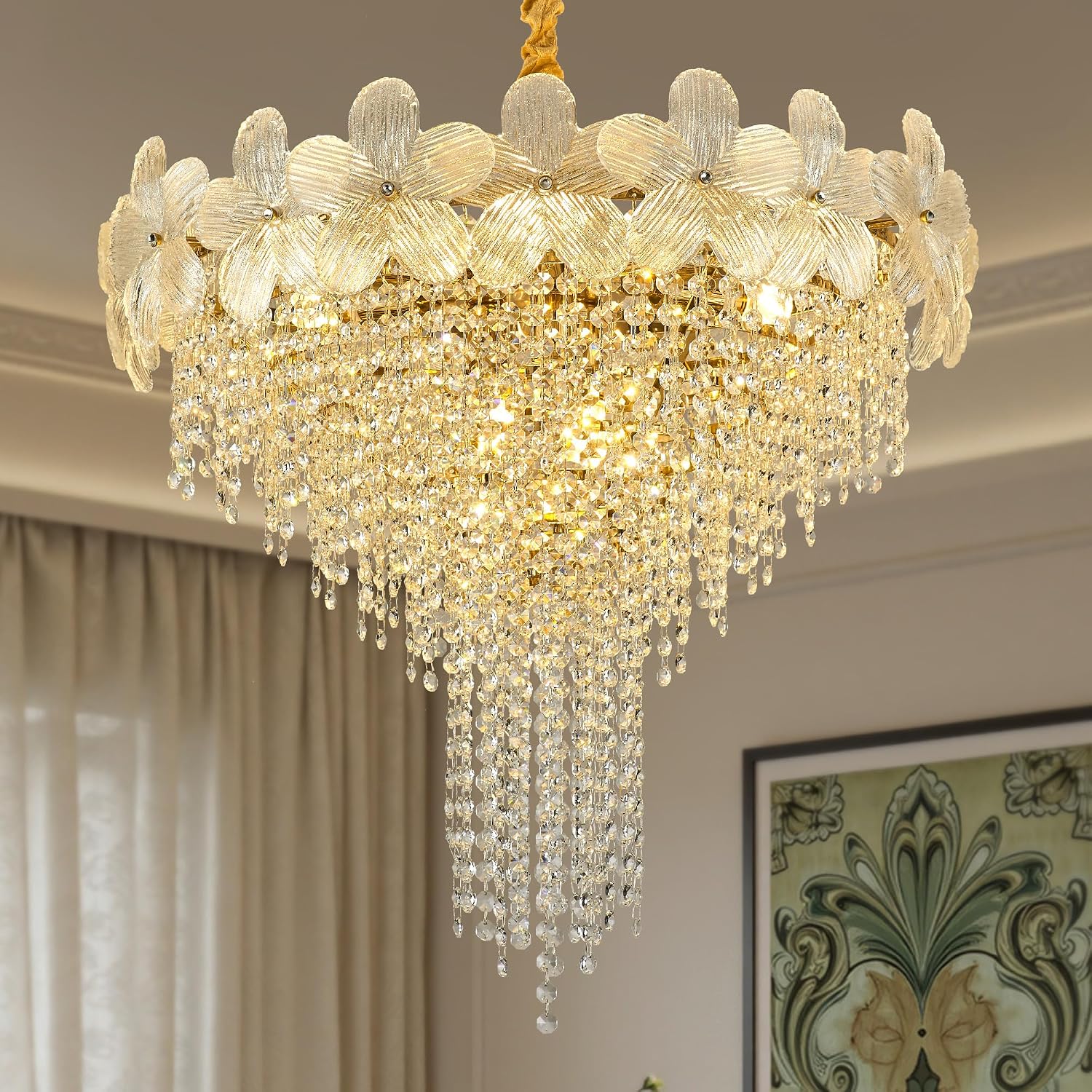 Gold Floral Crystal Chandelier 23.6" 9-Light Pendant Fixture
